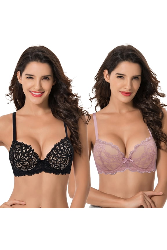 Women's Plus Size Push Up Add 1 Cup Underwire Perfect Shape Lace Bras-2Pk-Black,Mauve-42D