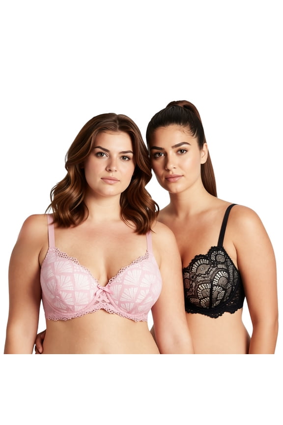 Women's Plus Size Push Up Add 1 Cup Underwire Perfect Shape Lace Bras-2Pk-Black,Pink-42C