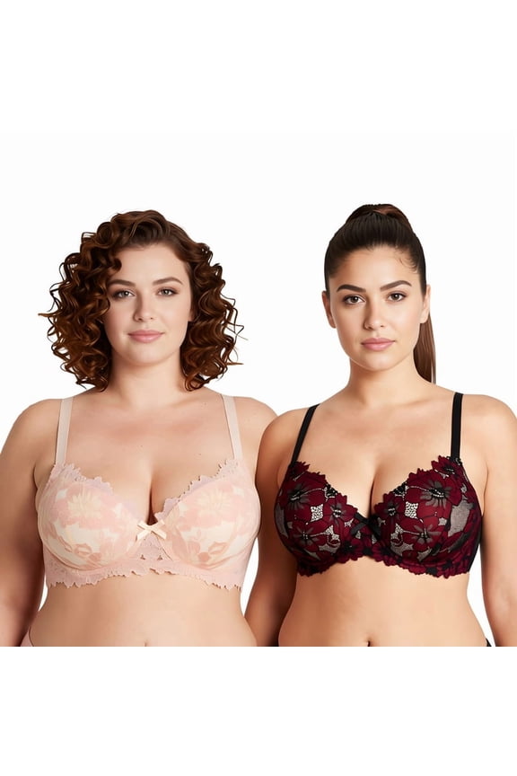 Women's Plus Size Push Up Add 1 Cup Underwire Perfect Shape Lace Bras-2Pk-Black/Red,Powder Silver-48DDD