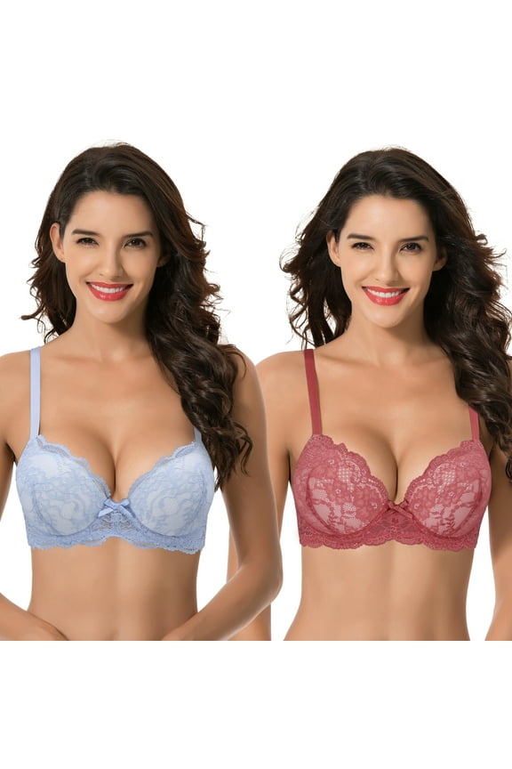 Women's Plus Size Push Up Add 1 Cup Underwire Perfect Shape Lace Bras-2Pk-Lt Blue,Rust-32C