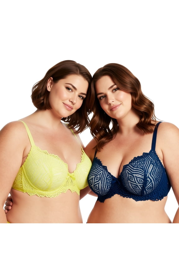 Women's Plus Size Push Up Add 1 Cup Underwire Perfect Shape Lace Bras-2Pk-Navy,Yellow-40DD