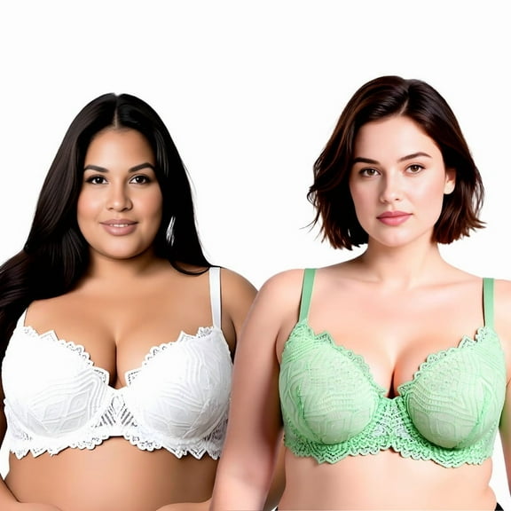 Curve Muse Women's Plus Size Push Up Add 1 Cup Underwire Perfect Shape Lace Bras-2Pk-White,Lt Green-38D