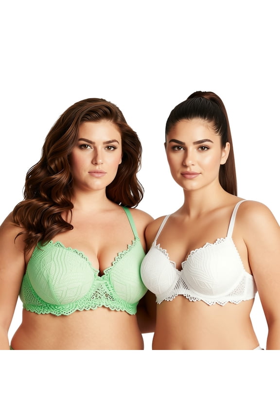 Women's Plus Size Push Up Add 1 Cup Underwire Perfect Shape Lace Bras-2Pk-White,Lt Green-42DD