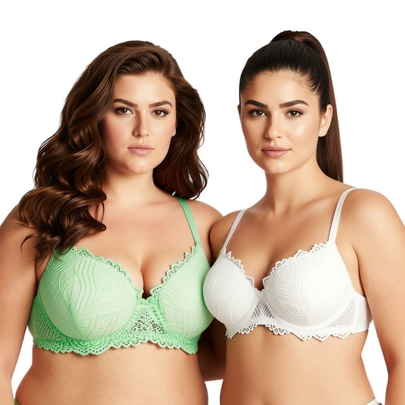 Curve Muse Women's Plus Size Push Up Add 1 Cup Underwire Perfect Shape Lace Bras-2Pk-White,Lt Green-42D