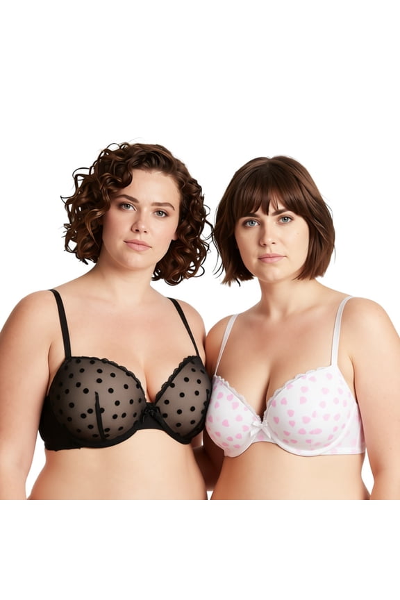Women's Plus Size Push Up Add 1 and a half Cup Underwire Mesh Bra -2PK-BLACK,CREAM-34C