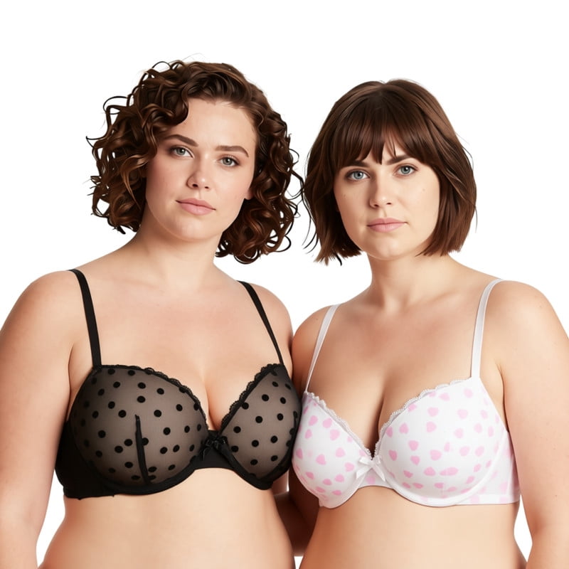 Curve Muse Women's Plus Size Push Up Add 1 and a half Cup Underwire Mesh Bra -2PK-BLACK,CREAM-48DD