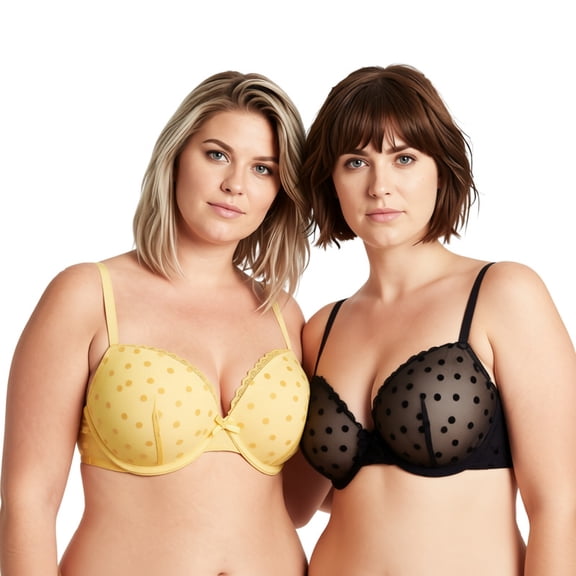 Curve Muse Women's Plus Size Push Up Add 1 and a half Cup Underwire Mesh Bra -2PK-BLACK,YELLOW-32B