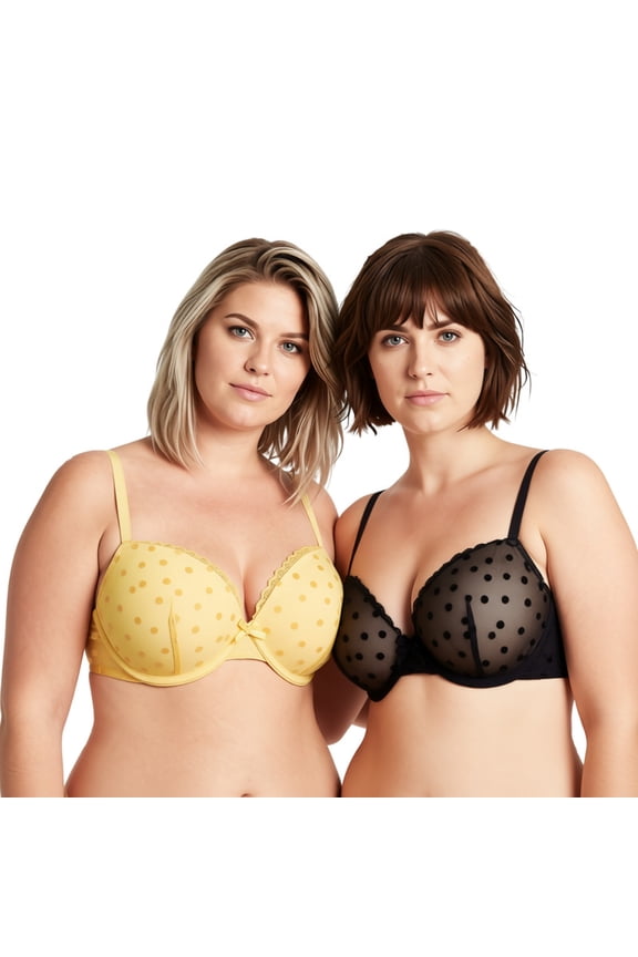 Women's Plus Size Push Up Add 1 and a half Cup Underwire Mesh Bra -2PK-BLACK,YELLOW-32D