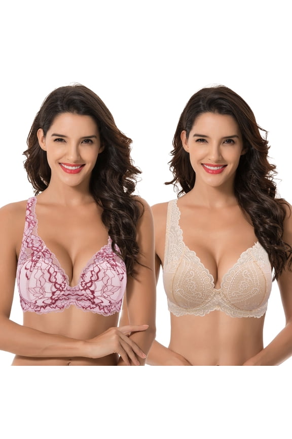 Women’s Plus Size Underwire Add 1+ Cup Push Up Mesh Lace Bra-2PK-Pink,Sand-32D