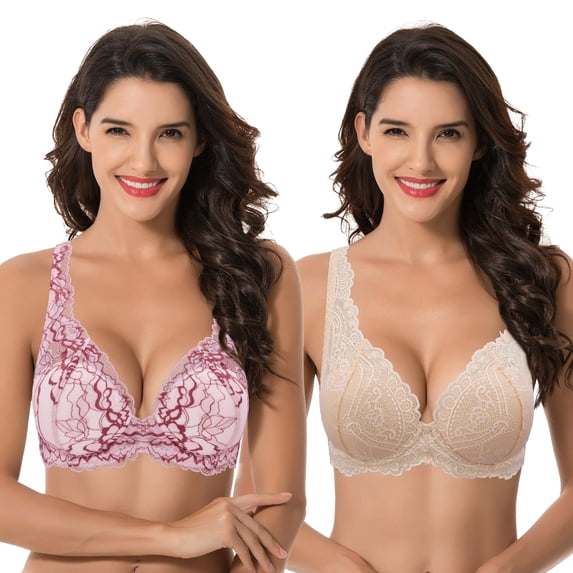 Curve Muse Women’s Plus Size Underwire Add 1+ Cup Push Up Mesh Lace Bra-2PK-Pink,Sand-36DD
