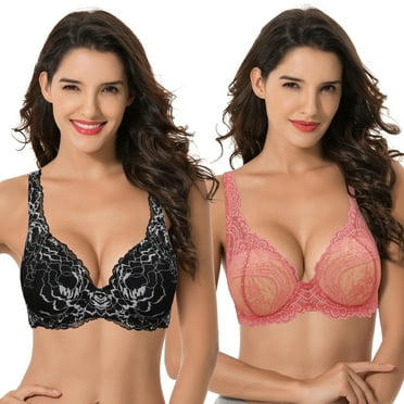 Curve Muse Women’s Plus Size Underwire Add 1  Cup Push Up Mesh Lace Bra-2PK-Pom Pien Red,Black-38B