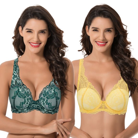 Curve Muse Women’s Plus Size Underwire Add 1  Cup Push Up Mesh Lace Bra-2PK-Teal,Mimosa-32DDD
