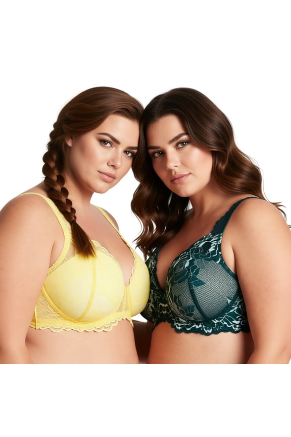 Women’s Plus Size Underwire Add 1+ Cup Push Up Mesh Lace Bra-2PK-Teal,Mimosa-34DD