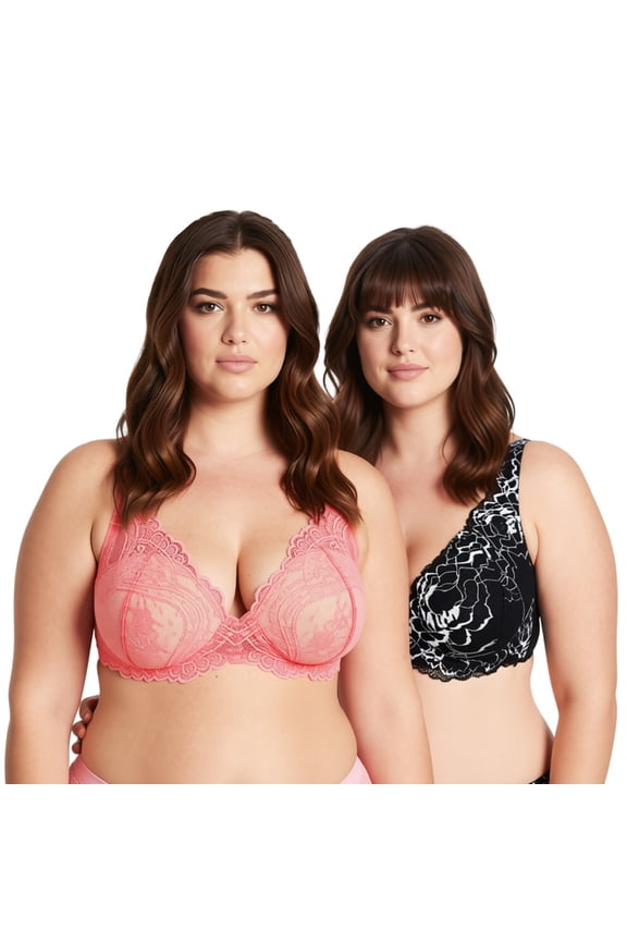 Women’s Plus Size Underwire Add 1+ Cup Push Up Mesh Lace Bra-2PK-Teal,Mimosa-36DDD