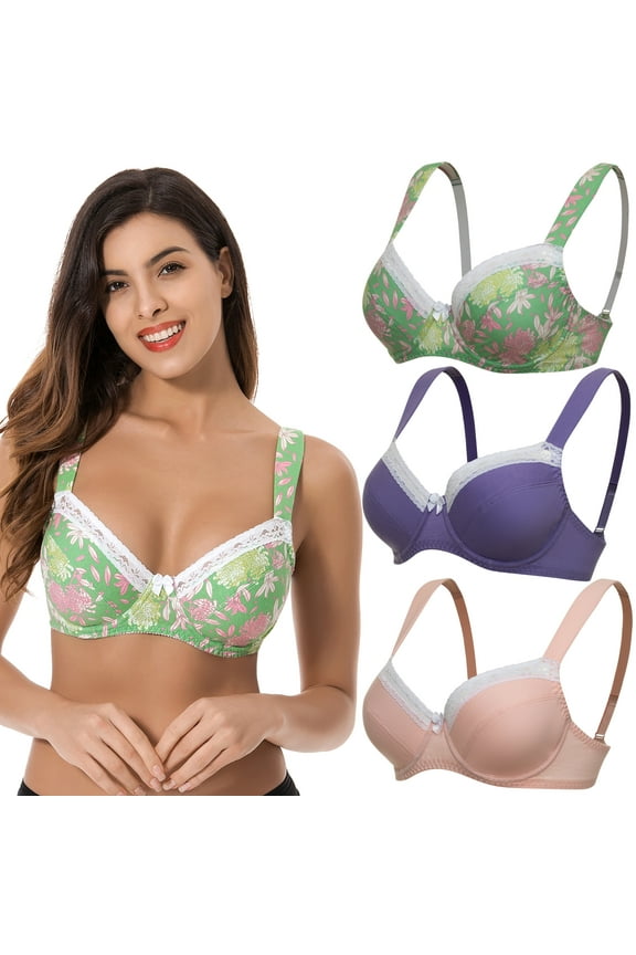 Women's Plus Size Underwired Unlined Balconette Cotton Bra-3Pack-LT PINK,PURPLE,PRINT GREEN(3 PACK)-48DD