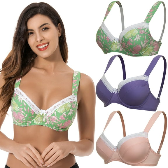 Curve Muse Women's Plus Size Underwired Unlined Balconette Cotton Bra-3Pack-Light Pink,Purple,Print Green-40B