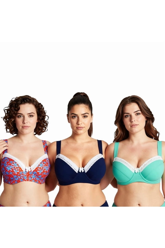Women's Plus Size Underwired Unlined Balconette Cotton Bra-3Pack-NAVY,LT GREEN,ORANGE PRINT(3 PACK)-34DD