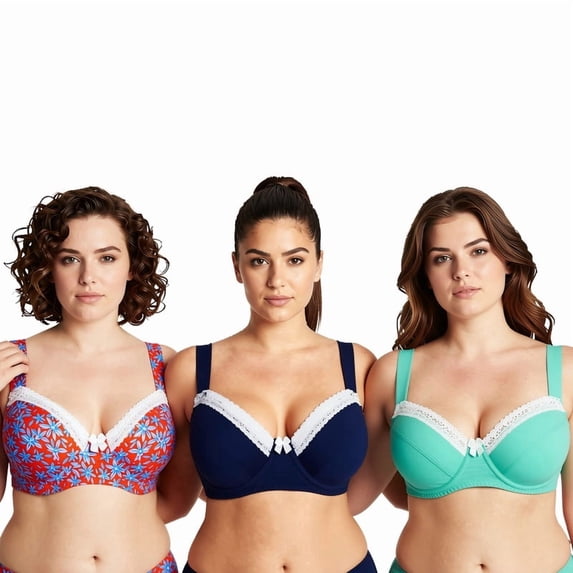 Curve Muse Women's Plus Size Underwired Unlined Balconette Cotton Bra-3Pack-NAVY,LT GREEN,ORANGE PRINT(3 PACK)-38D