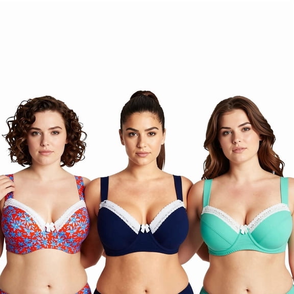 Curve Muse Women's Plus Size Underwired Unlined Balconette Cotton Bra-3Pack-Navy,Light Green,Orange Print-42B