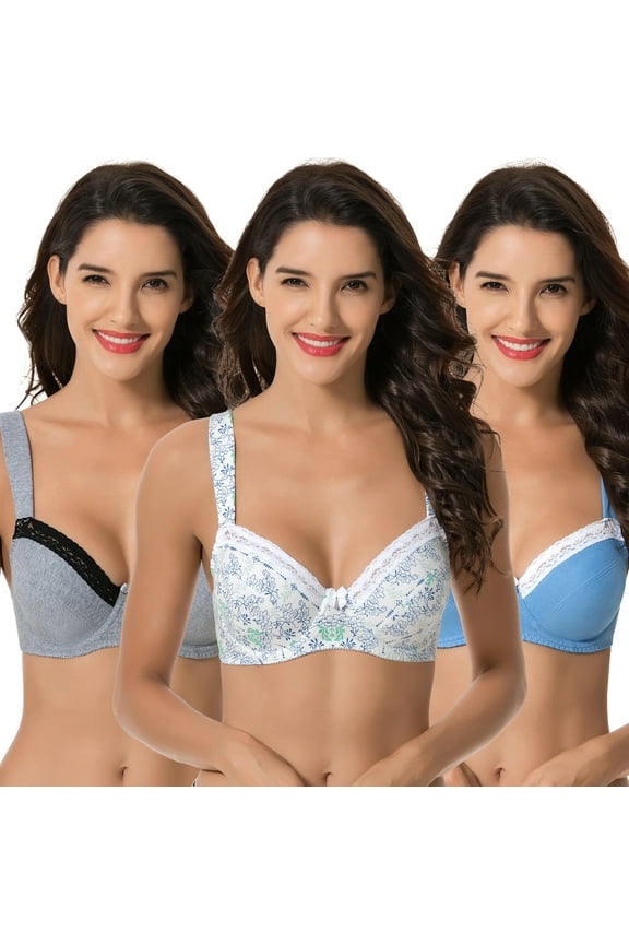 Women's Plus Size Underwired Unlined Balconette Cotton Bra-3Pack-WHITE PRINT,BLUE,COOL GRAY-36C