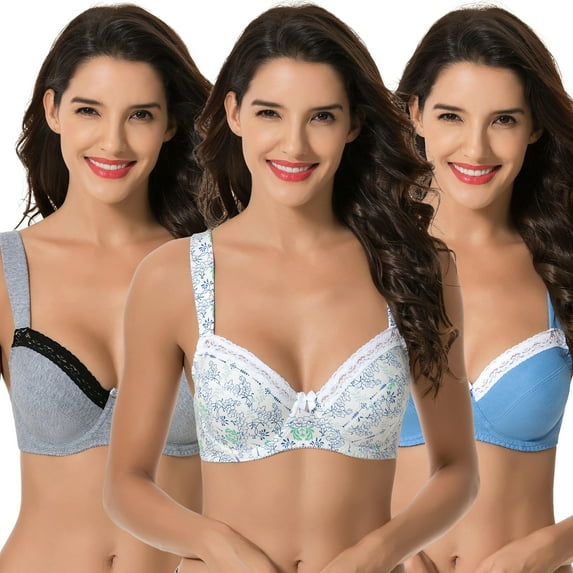 Curve Muse Women's Plus Size Underwired Unlined Balconette Cotton Bra-3Pack-WHITE PRINT,BLUE,COOL GRAY-40D