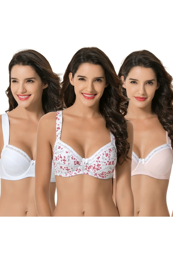 Women's Plus Size Underwired Unlined Balconette Cotton Bra-3Pack-White Print,Pink,White-42B