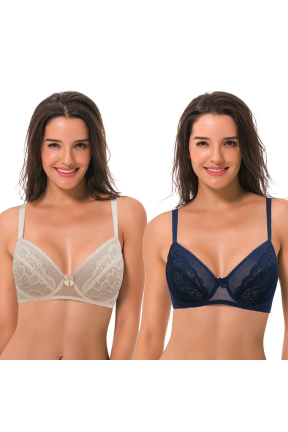 Women's Plus Size Unlined Balconette Underwire Sheer Lace Bra-2PK-NAVY,BEIGE-34DD