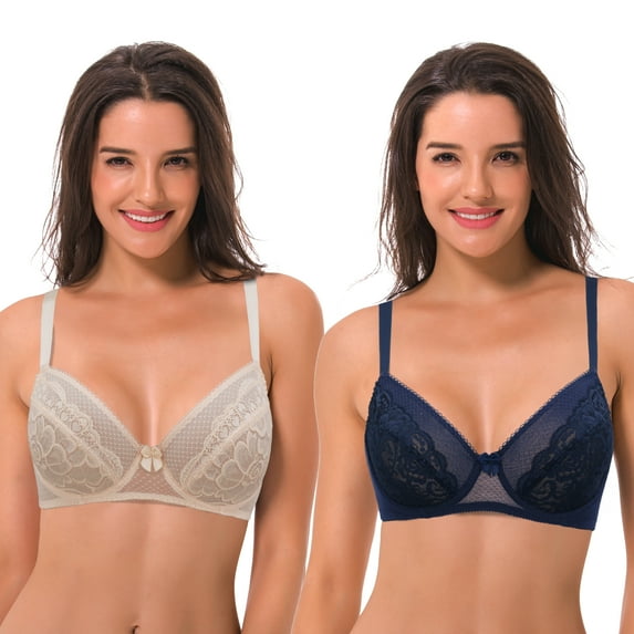 Curve Muse Women's Plus Size Unlined Balconette Underwire Sheer Lace Bra-2PK-NAVY,BEIGE-36B