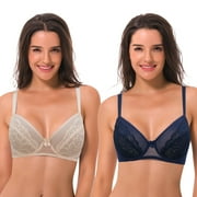 Curve Muse Womens Plus Size Unlined Balconette Underwire Sheer Lace Bra-2PK-NAVY,BEIGE-38B