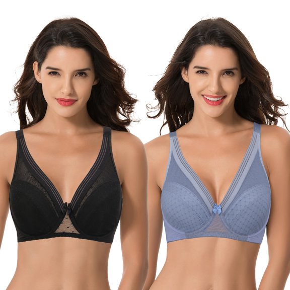 Curve Muse Women's Plus Size Unlined Minimizer Full Coverage Mesh Underwire Bra-2pack-Black,Lt Blue-46DD