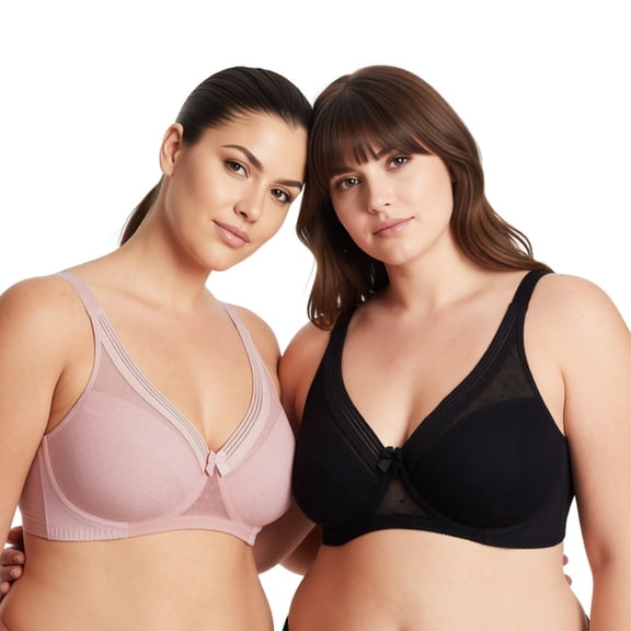 Curve Muse Women's Plus Size Unlined Minimizer Full Coverage Mesh Underwire Bra-2pack-Black,Pink-44C