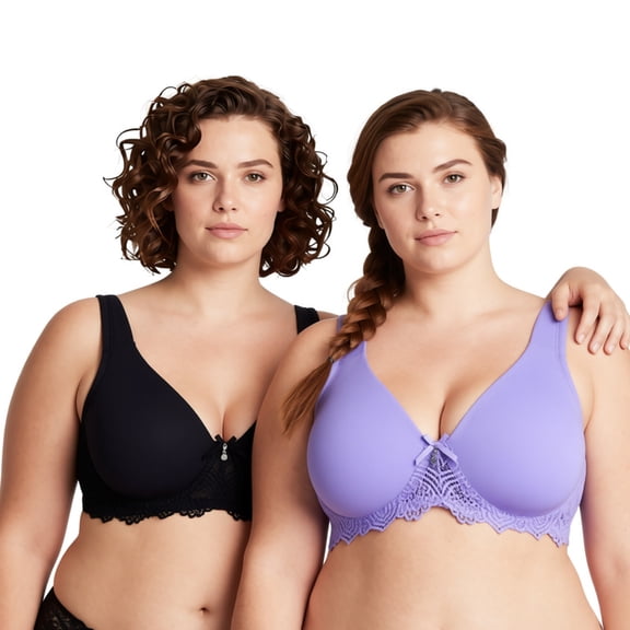 Curve Muse Women's Plus Size Unlined Underwire Lace Bra with Cushion Straps-2PK-BLACK,MAUVE-34B