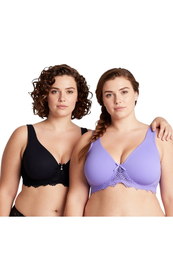 Women's Plus Size Unlined Underwire Lace Bra with Cushion Straps-2PK-BLACK,MAUVE-34DDDD