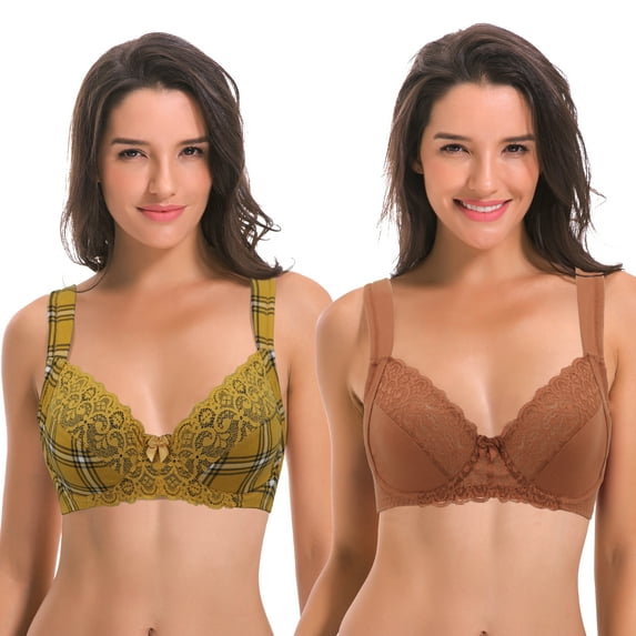 Curve Muse Women's Plus Size Unlined Underwire Lace Bra with Cushion Straps-2PK-BLACK/YELL,RUST-42DDD
