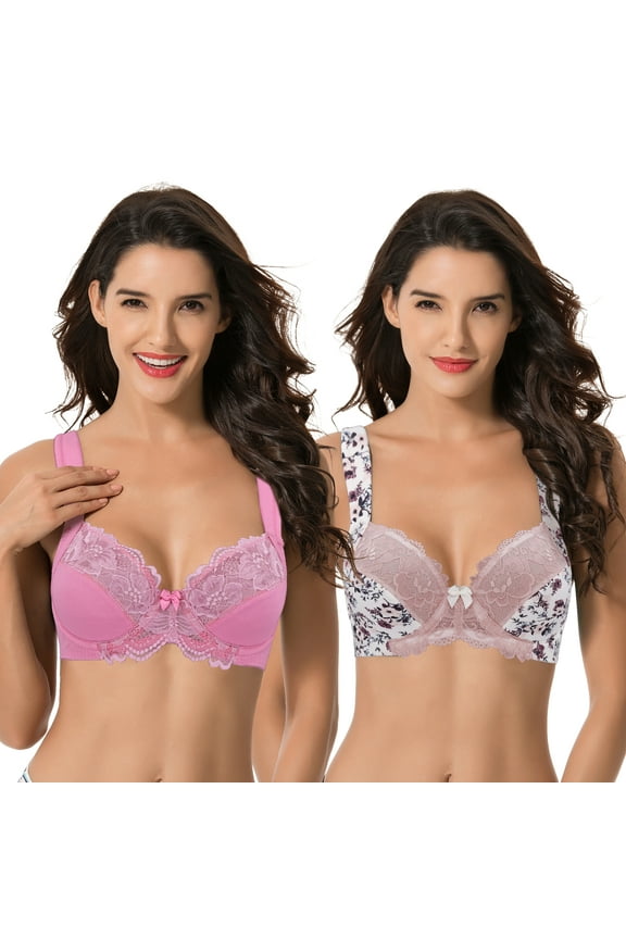 Women's Plus Size Unlined Underwire Lace Bra with Cushion Straps-2PK-Cream/Pink/Gray,Pink-34B