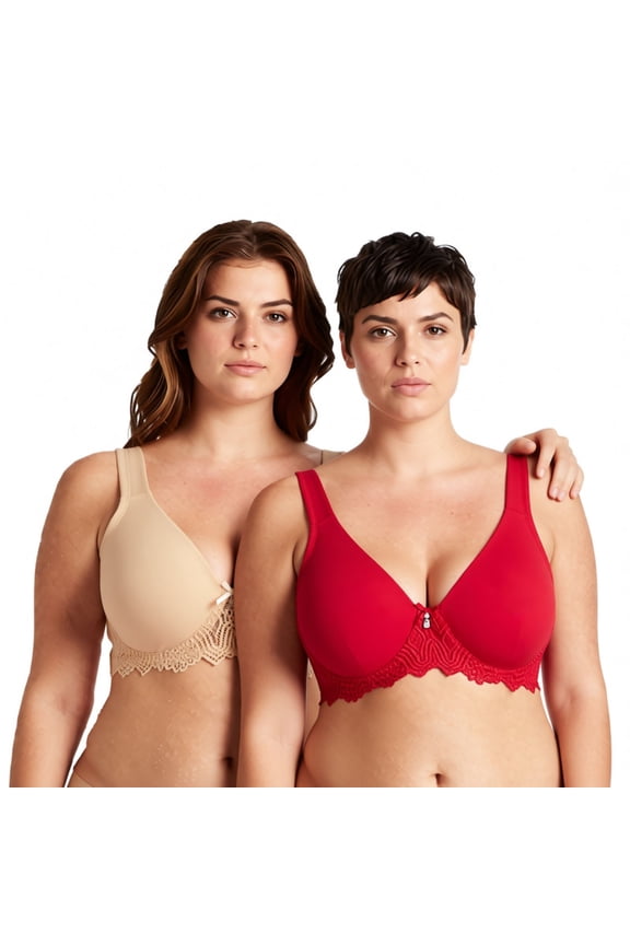 Women's Plus Size Unlined Underwire Lace Bra with Cushion Straps-2PK-Dark Red,Nude-34DDDD
