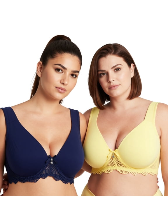 Women's Plus Size Unlined Underwire Lace Bra with Cushion Straps-2PK-NAVY, LIGHT YELLOW-34DDDD