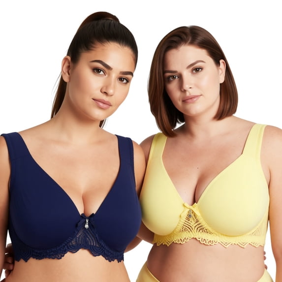 Curve Muse Women's Plus Size Unlined Underwire Lace Bra with Cushion Straps-2PK-NAVY, LIGHT YELLOW-36DDDD