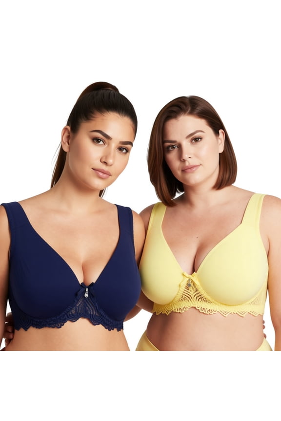 Women's Plus Size Unlined Underwire Lace Bra with Cushion Straps-2PK-NAVY, LIGHT YELLOW-46C
