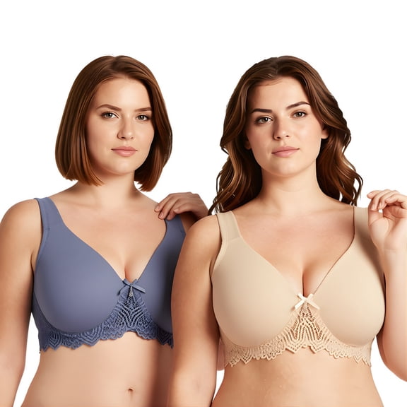 Curve Muse Women's Plus Size Unlined Underwire Lace Bra with Cushion Straps-2PK-NUDE,DUSTY BLUE-40B