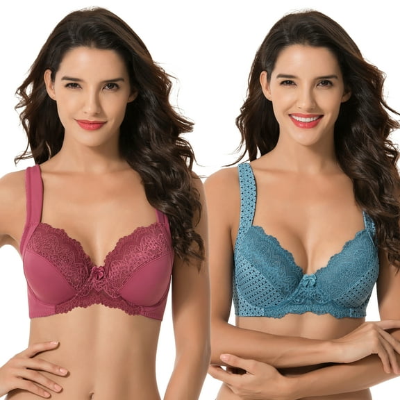 Curve Muse Women's Plus Size Unlined Underwire Lace Bra with Cushion Straps-2PK-Violet,Bluestone Print-34B