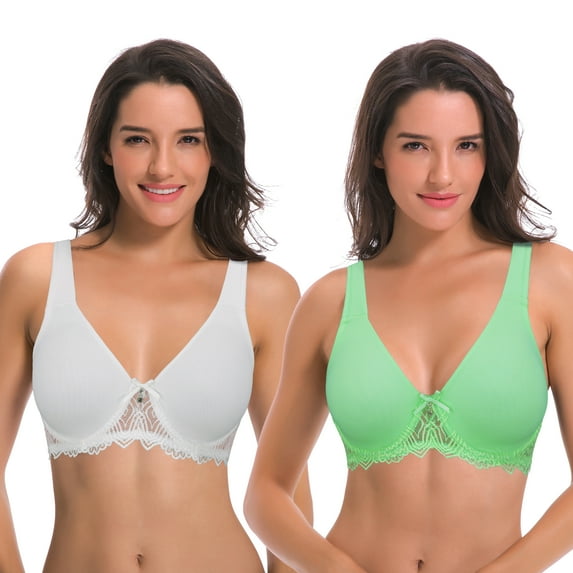 Curve Muse Women's Plus Size Unlined Underwire Lace Bra with Cushion Straps-2PK-WHITE,GREEN-34C