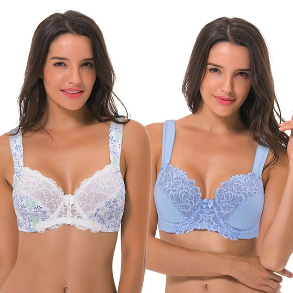 Curve Muse Women's Plus Size Unlined Underwire Lace Bra with Cushion Straps-2PK-White/Navy/Lt Blue,Blue-44C