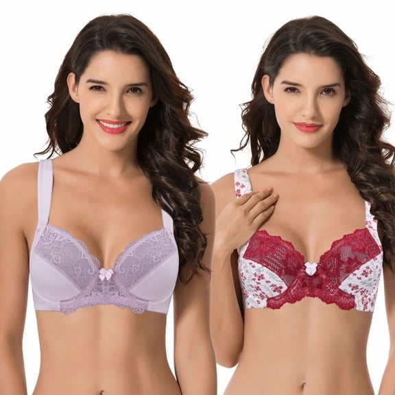 Curve Muse Women's Plus Size Unlined Underwire Lace Bra with Cushion Straps-2PK-White/Red/Lt Gray,Lt Pink-34D