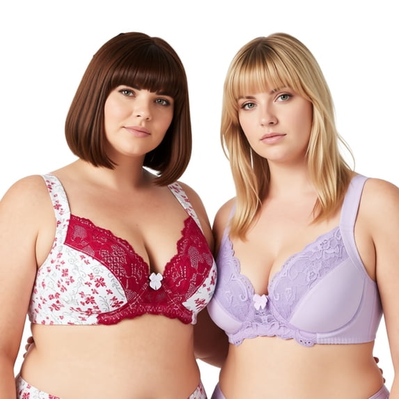 Curve Muse Women's Plus Size Unlined Underwire Lace Bra with Cushion Straps-2PK-White/Red/Lt Gray,Lt Pink-42C