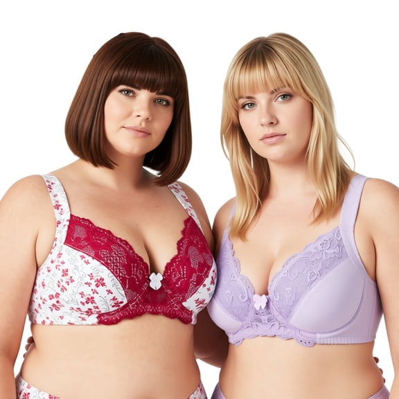 Curve Muse Women's Plus Size Unlined Underwire Lace Bra with Cushion Straps-2PK-White/Red/Lt Gray,Lt Pink-42DD