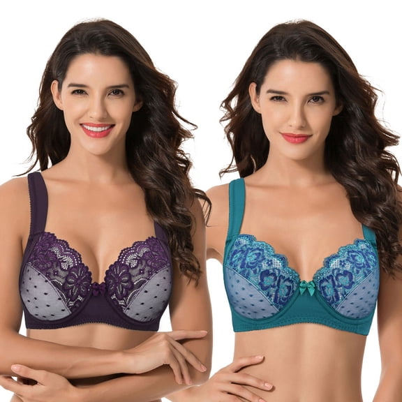 Curve Muse Women's Plus Size Unlined Underwire Lace Bra with Cushion Straps-Berry,Teal-Size:34B