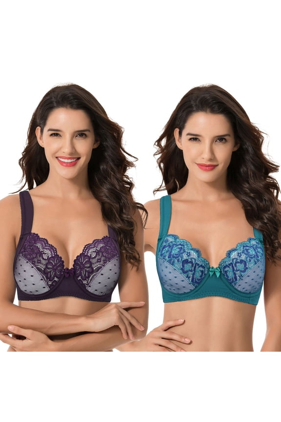 Women's Plus Size Unlined Underwire Lace Bra with Cushion Straps-Berry,Teal-Size:42B