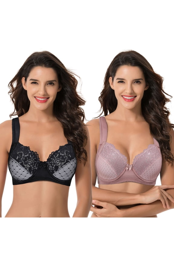Women's Plus Size Unlined Underwire Lace Bra with Cushion Straps-Black,Mauve-Size:44D