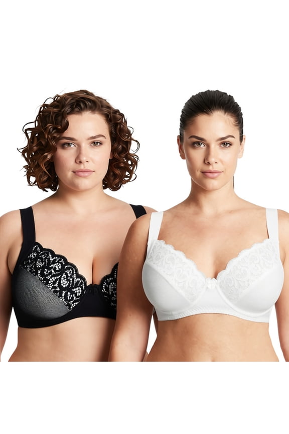 Women's Plus Size Unlined Underwire Lace Bra with Cushion Straps-Black, White-Size:34B